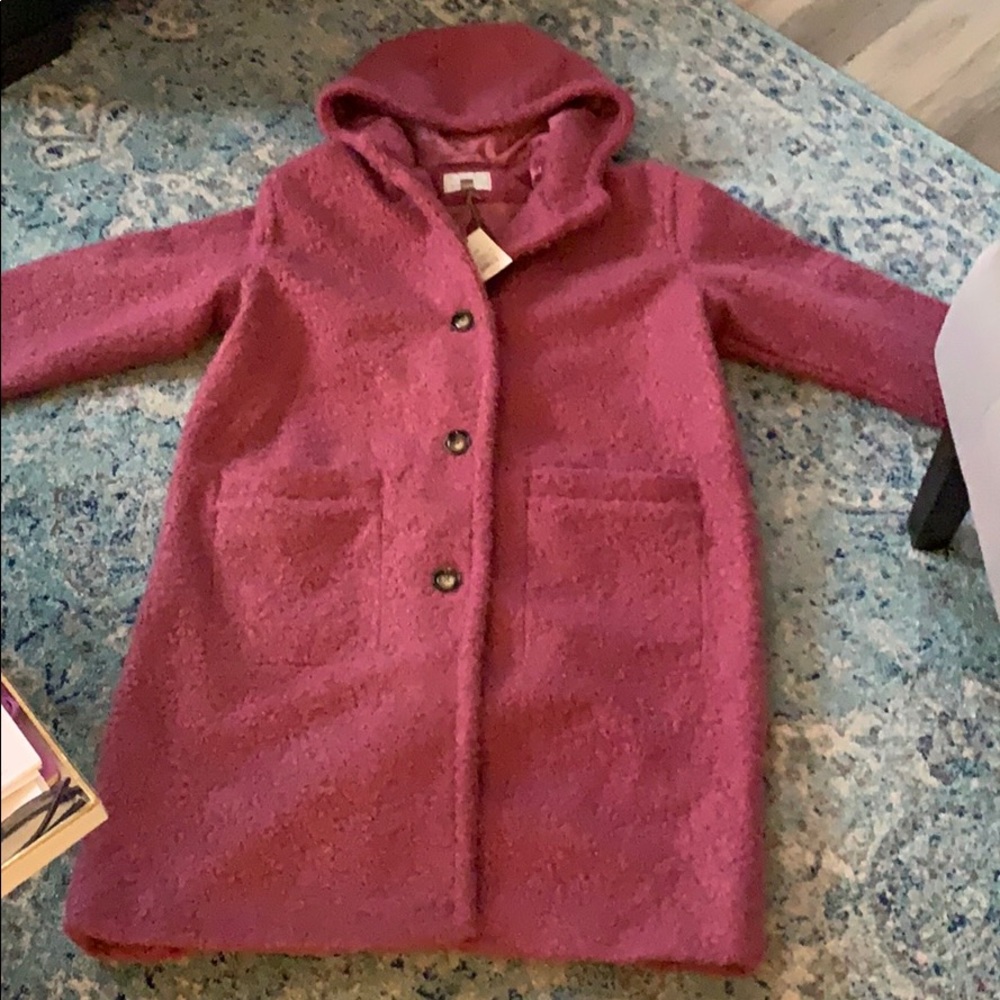New! Raspberry with boiled wool look hooded coat